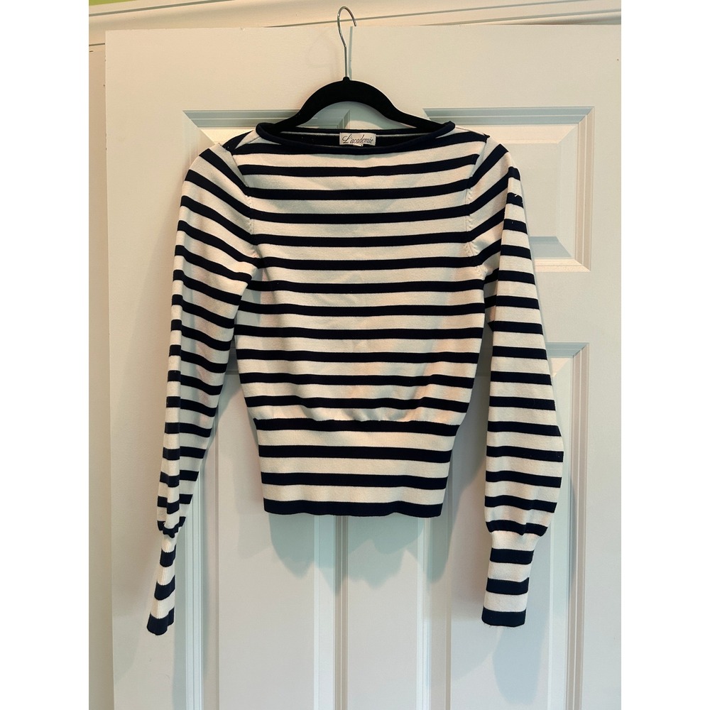 L'academie Striped Boat Neck Knit Sweater Long Sleeve Navy White Size S - Picture 3 of 6